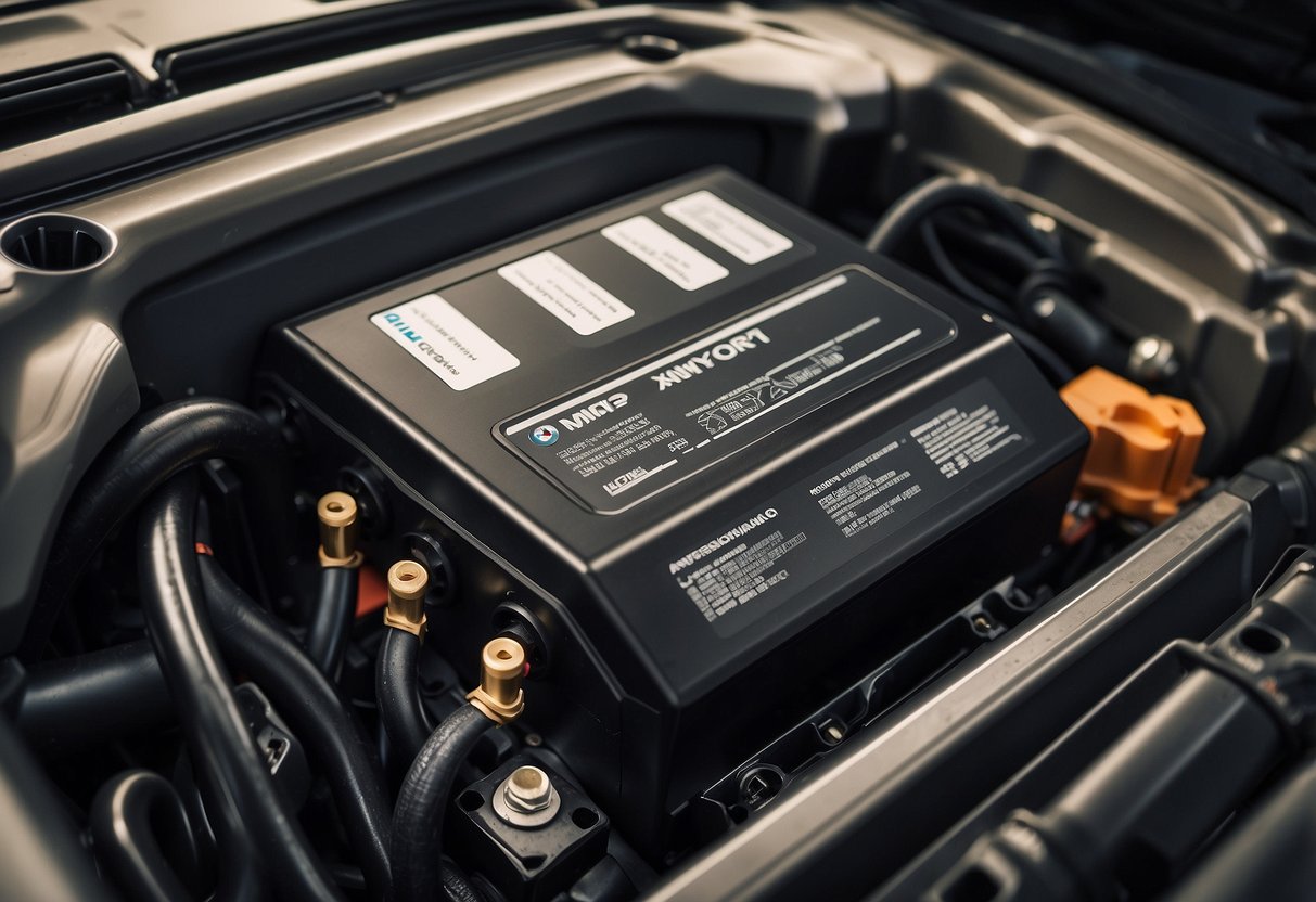 A BMW car battery sits in the engine compartment, surrounded by cables and components, with a label indicating its expected lifespan