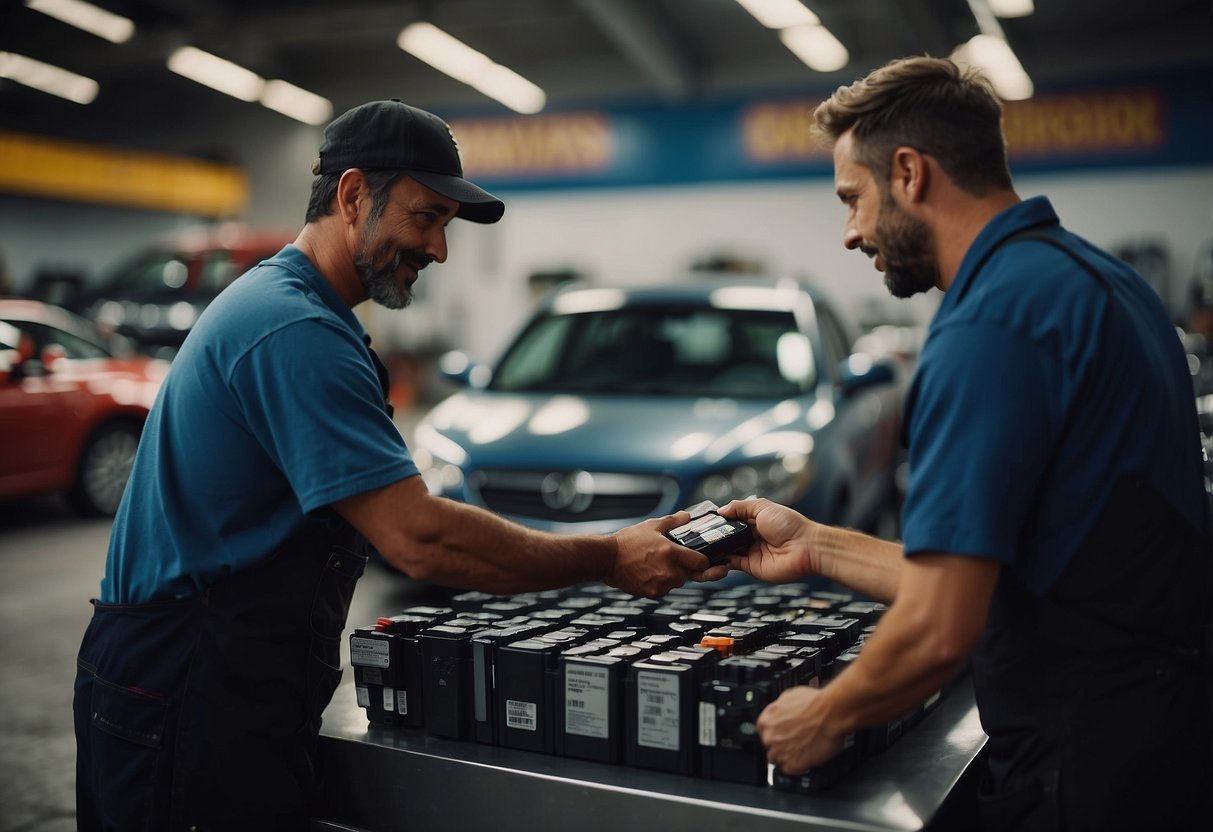 A junkyard worker sells a car battery to a customer at the counter