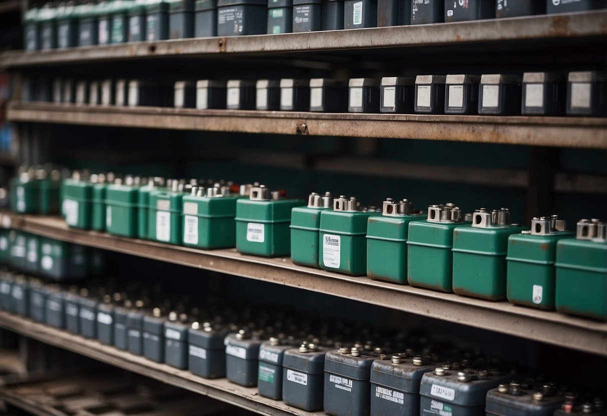 Car batteries stacked on shelves at a junkyard. Some are covered in dust and rust, while others appear newer and unused