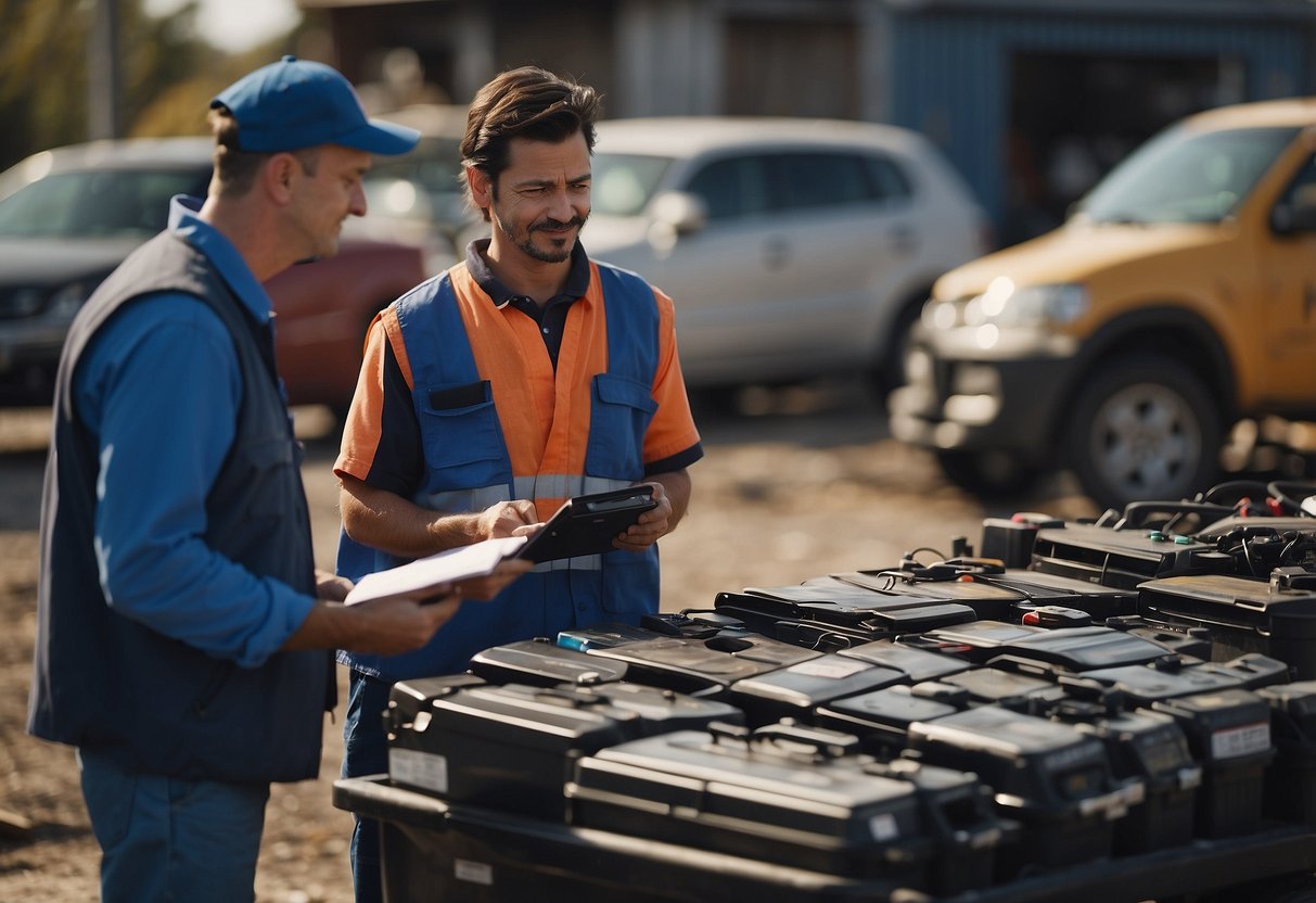 A junkyard worker sells a car battery to a customer, discussing potential risks and considerations