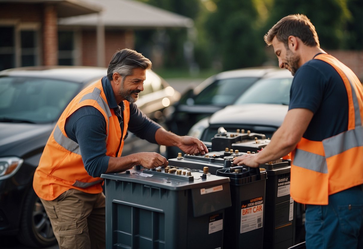 A junkyard worker sells a used car battery to a customer