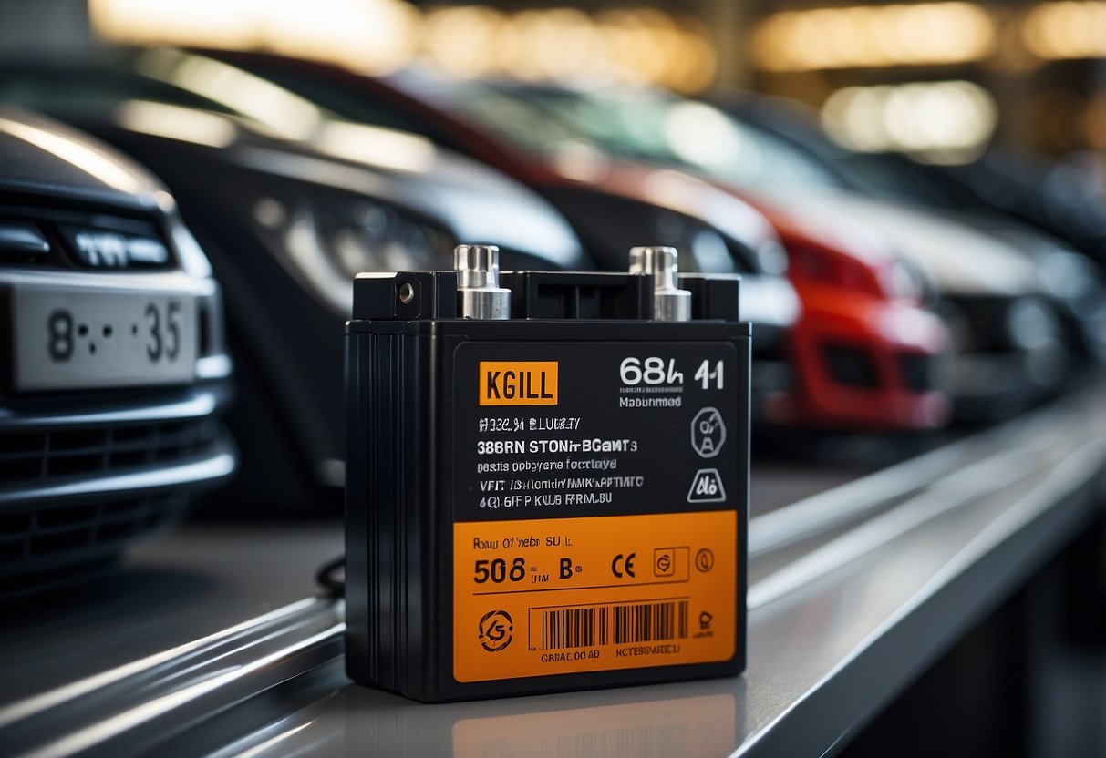 A car battery sits on a store shelf, surrounded by other automotive products. The price tag is prominently displayed, reflecting the high cost of the item