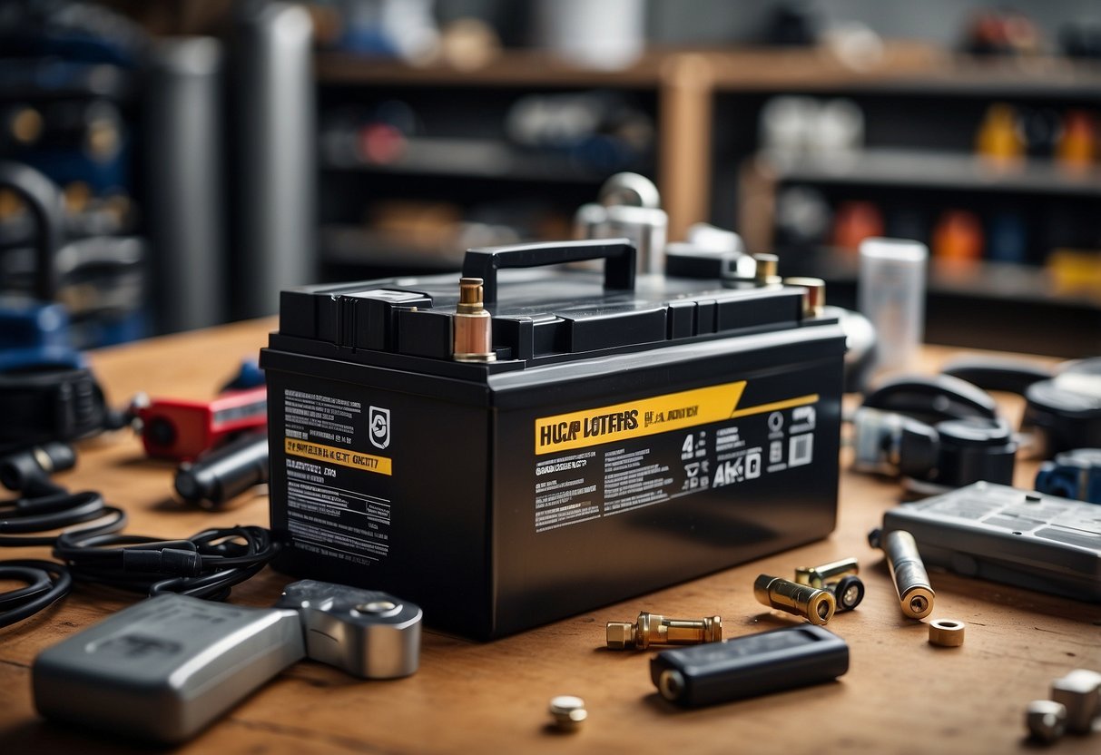 A car battery sits on a workbench, surrounded by various components and materials such as lead plates, sulfuric acid, and plastic casing