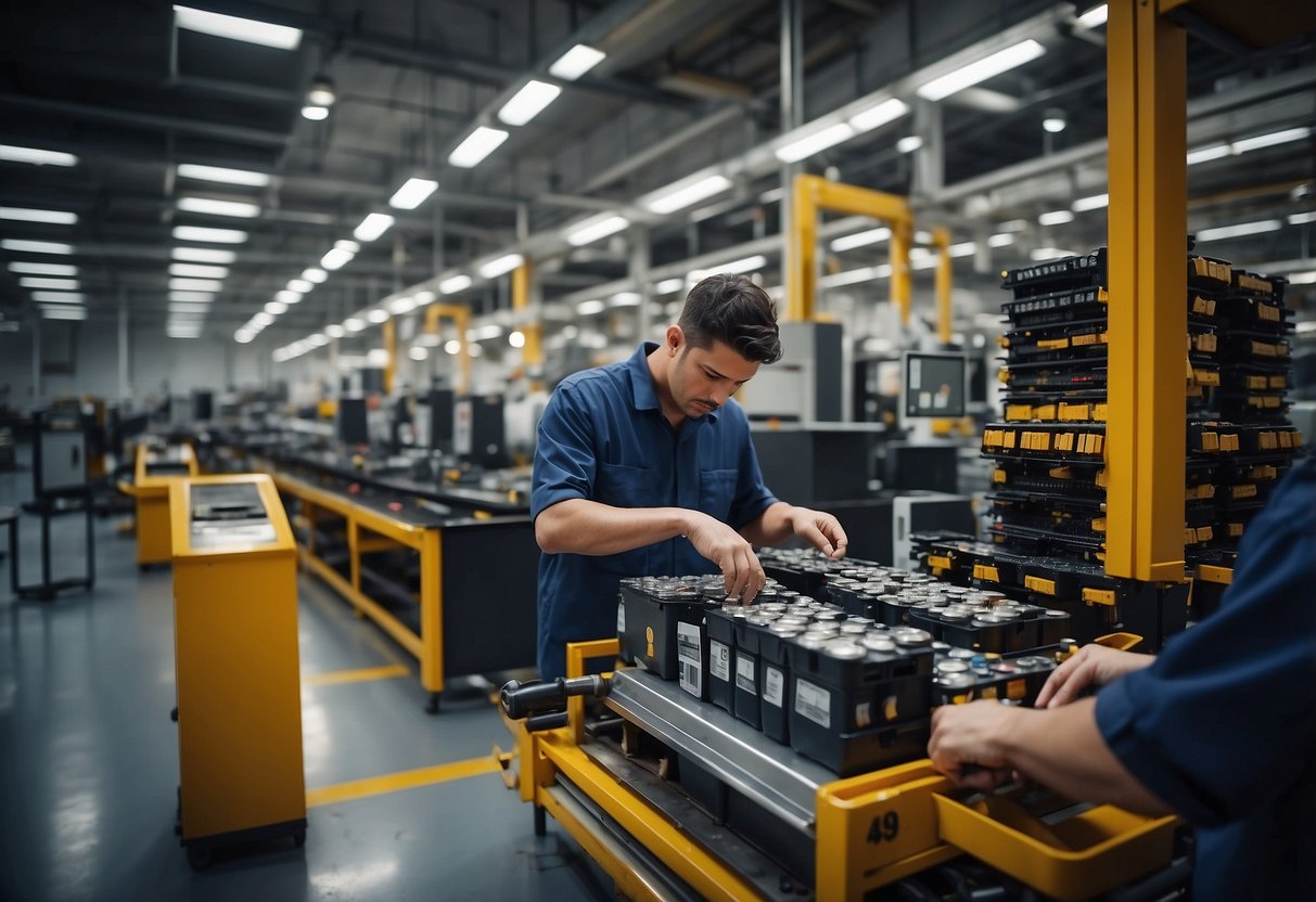 A factory floor with machinery assembling car batteries. A chart showing expenses and cost breakdown