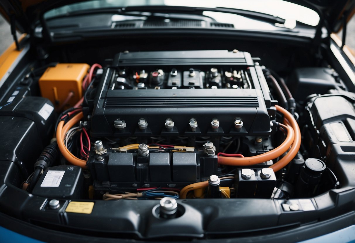 A car battery sits in an engine compartment, surrounded by wires and components. No maintenance is being performed on it