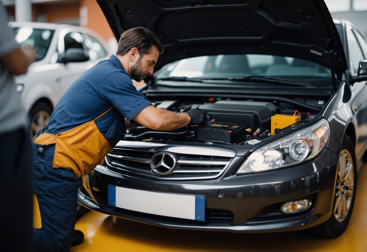 A mechanic installs a car battery, checking for maintenance requirements