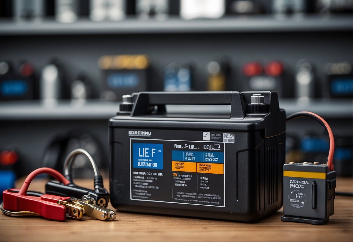 A car battery sits next to a warranty and lifespan chart, surrounded by tools and testing equipment