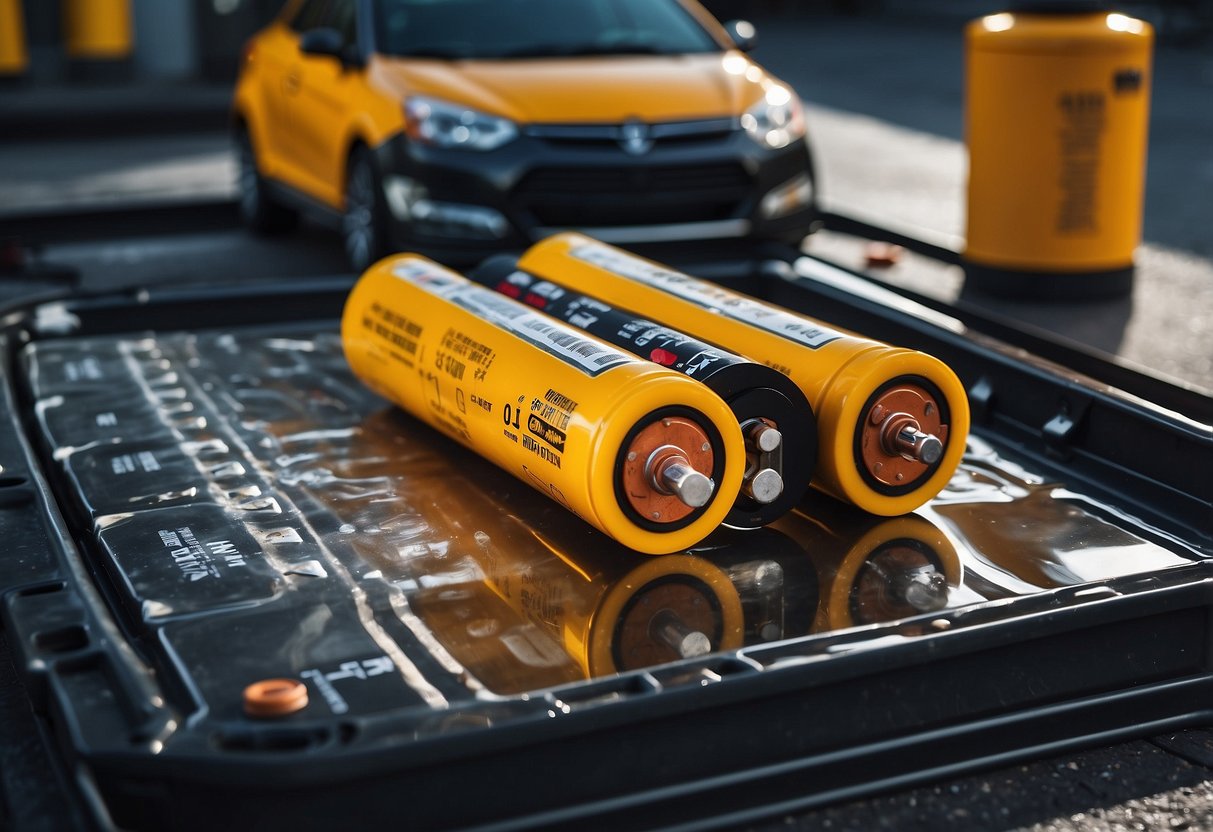 A car battery sits on a spill-proof tray, marked with hazmat symbols