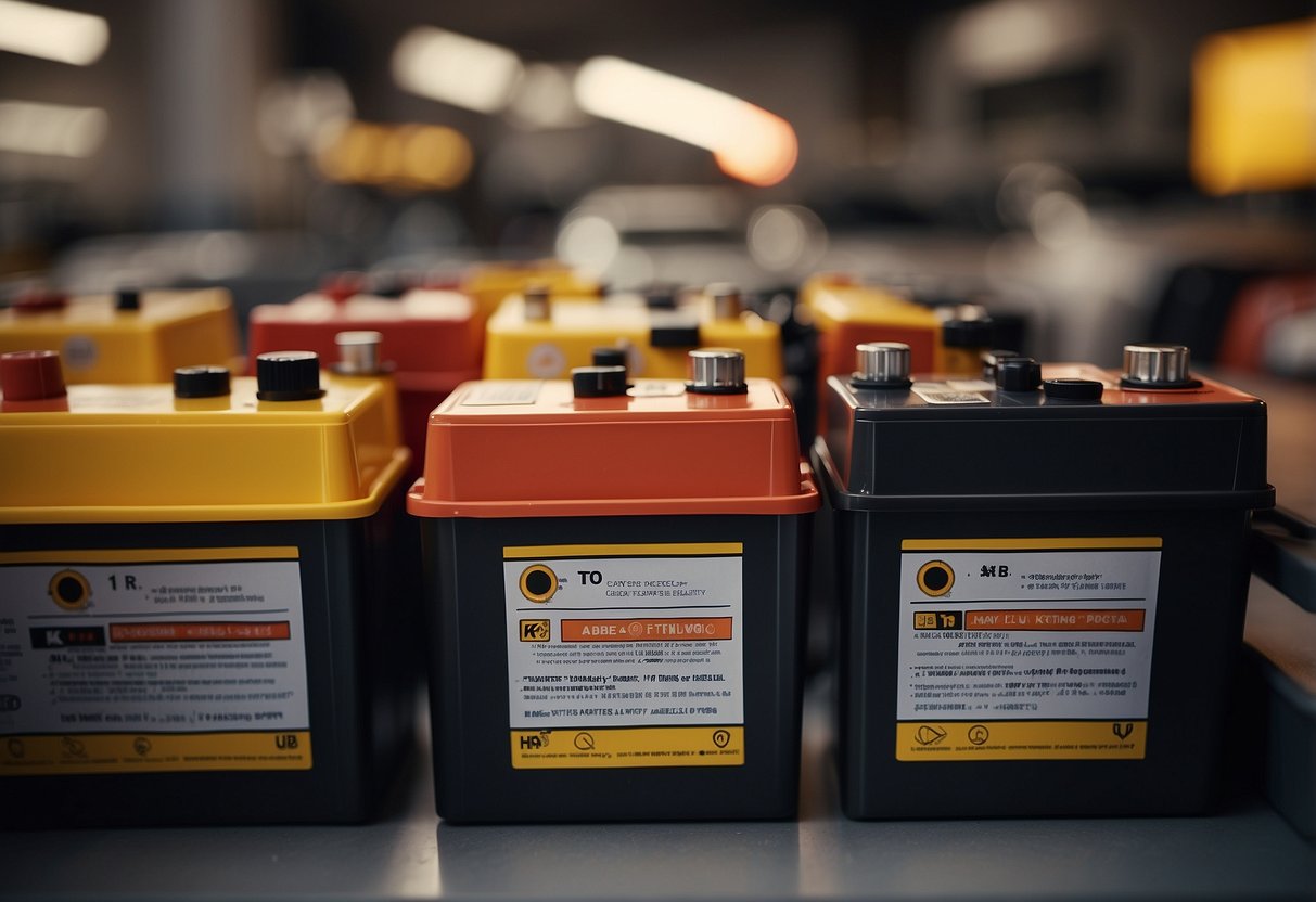 Car batteries labeled "hazmat" with warning symbols. Regulations and transportation guidelines displayed in the background