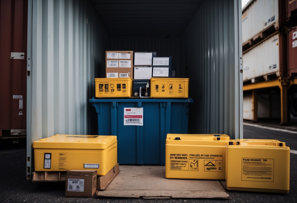 A car battery sits in a labeled hazmat shipping container, surrounded by protective packaging and warning signs