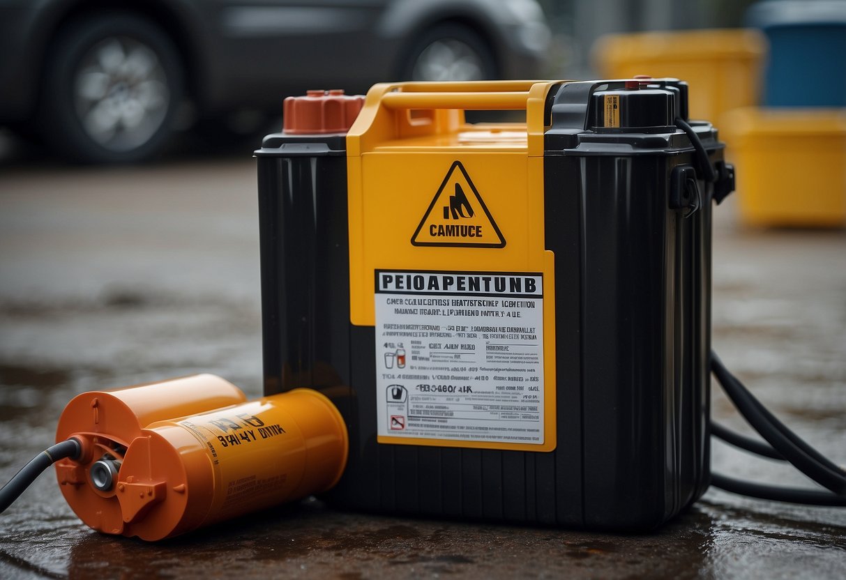 A car battery leaking toxic chemicals, labeled as hazardous material, with warning signs and penalties for non-compliance displayed nearby