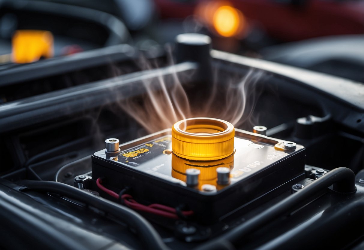 Sulfuric acid is poured into a car battery, reacting with lead plates to generate electrical energy