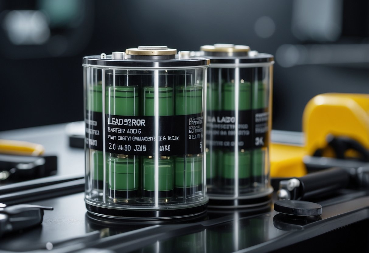 Lead-acid battery manufacturing: sulfuric acid mixed with lead to form electrodes, immersed in electrolyte solution, sealed in plastic casing