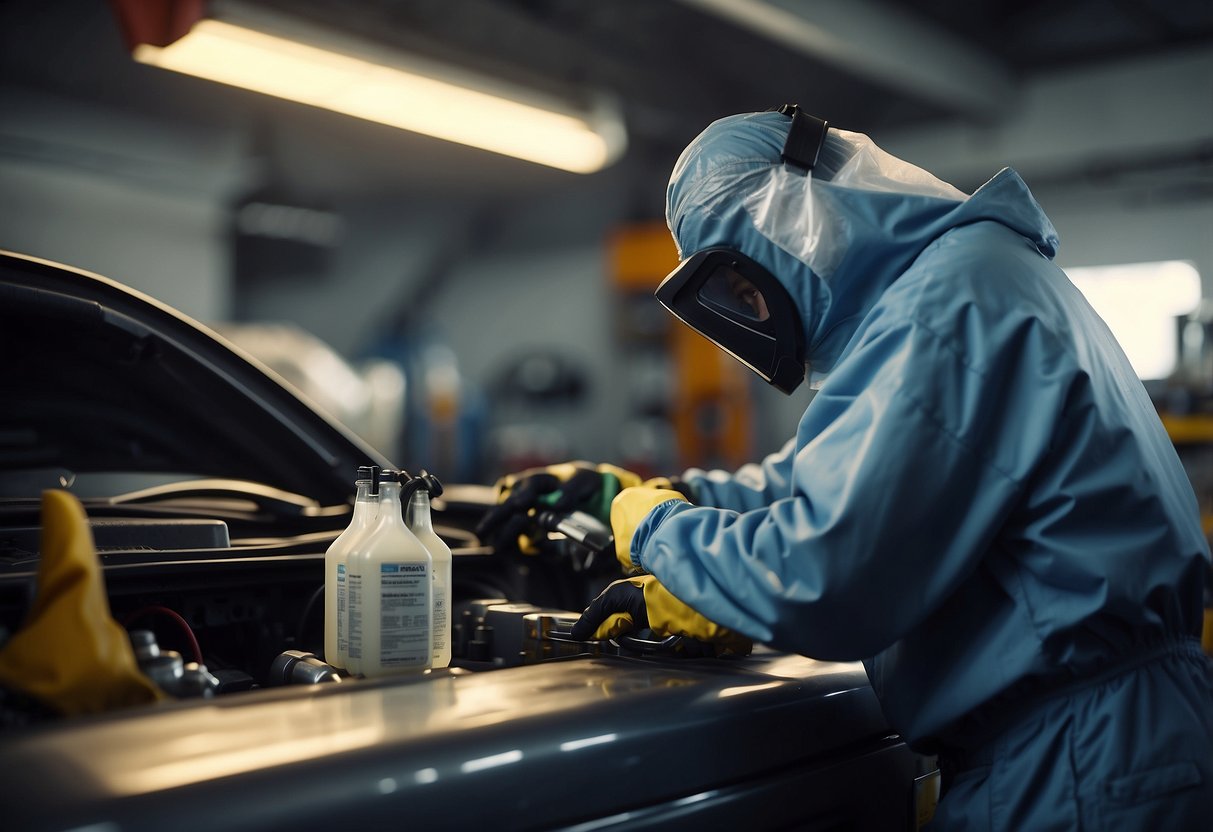 A mechanic pours sulfuric acid into a car battery, wearing protective gear. Tools and equipment are scattered around the workbench