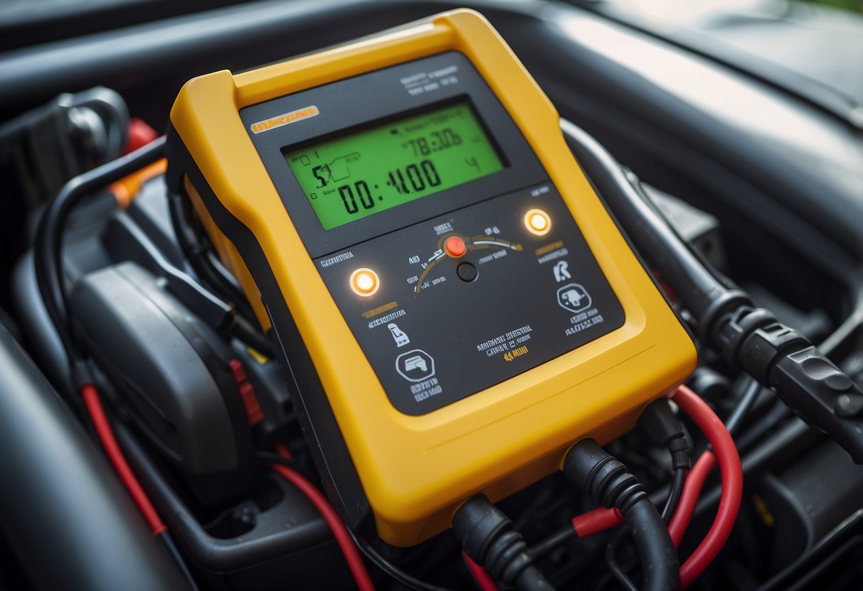 A car battery tester is connected to a car battery with a digital display showing the voltage and health status of the battery