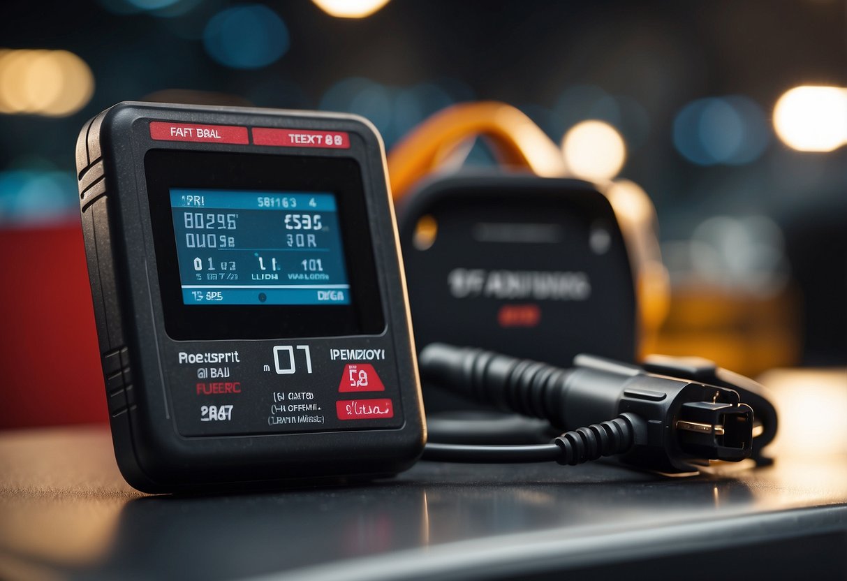 A car battery tester is connected to a battery with clear digital readings displayed