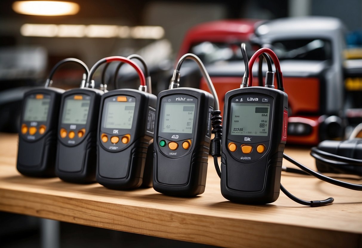 Various car battery testers lined up on a workbench. Each model displays different features and designs