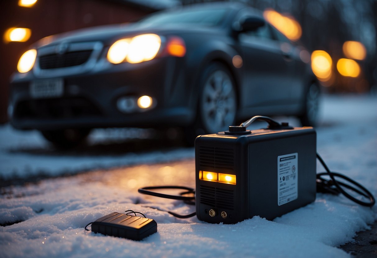 A car battery warmer sits plugged in next to a parked car on a cold winter night. The warmer radiates heat to keep the battery from freezing