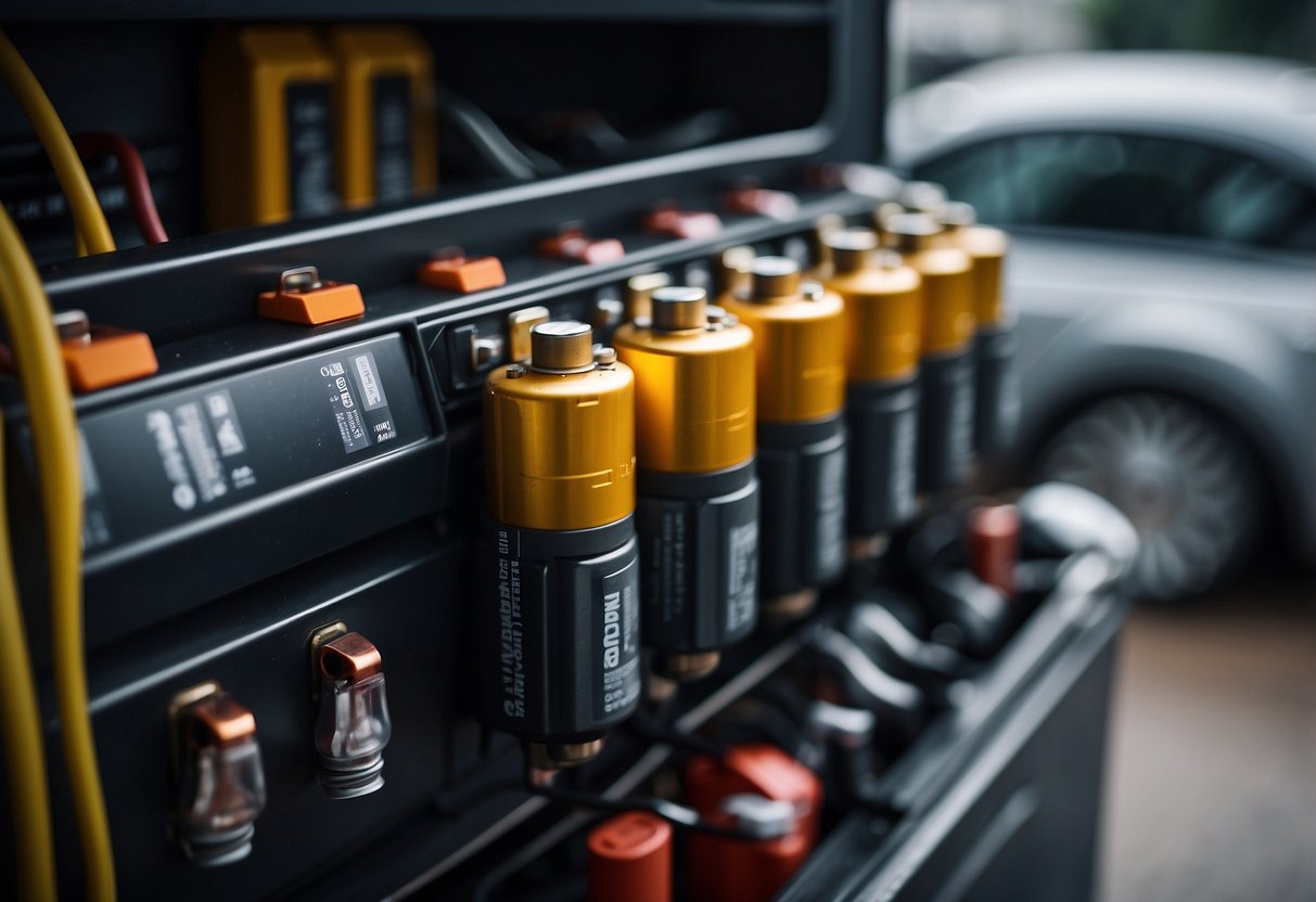 Several car batteries connected to a refrigerator, wires running between them