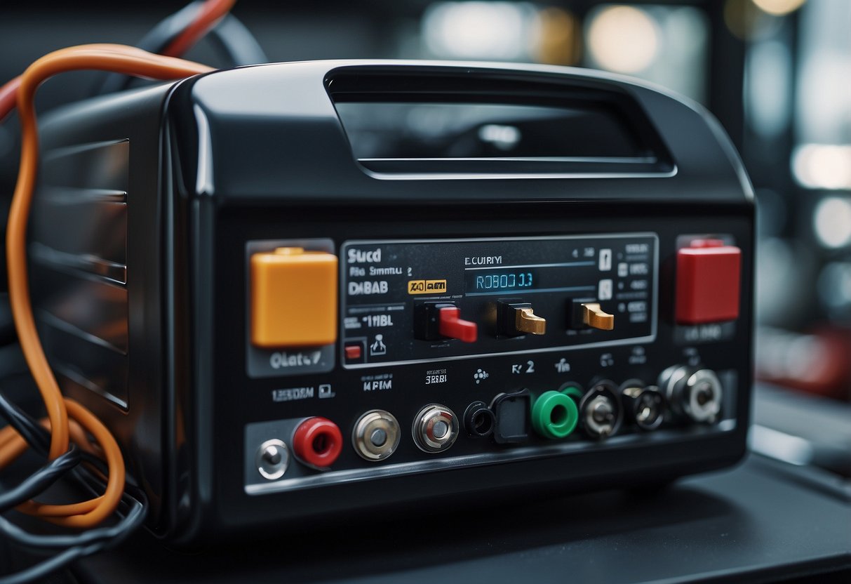 A car battery connected to a refrigerator, with wires and connectors visible