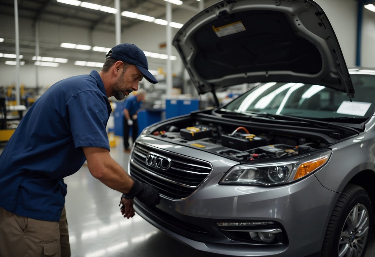 A car battery being replaced at a Costco service center. A technician removes the old battery and installs a new one in the vehicle