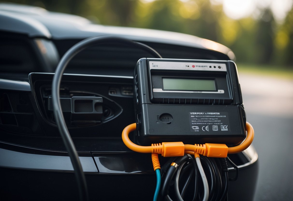 A car battery connected to a charger with electrical cables