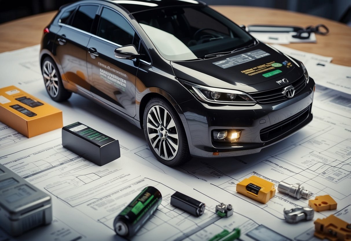 A hybrid car battery sits prominently in the foreground, surrounded by technical diagrams and cost analysis charts, showcasing the potential savings and warranty information