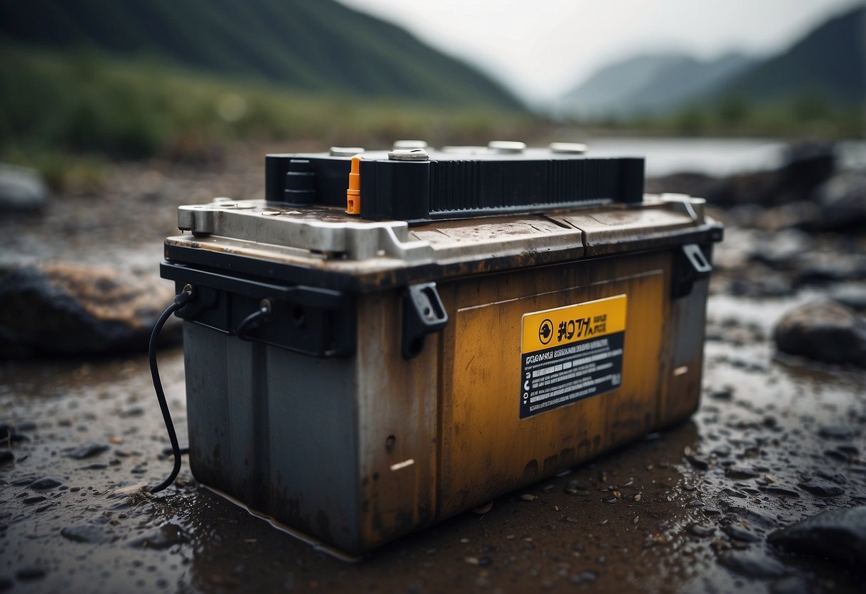 A car battery sits in a damp, salty environment, with visible signs of rust and erosion on its metal components