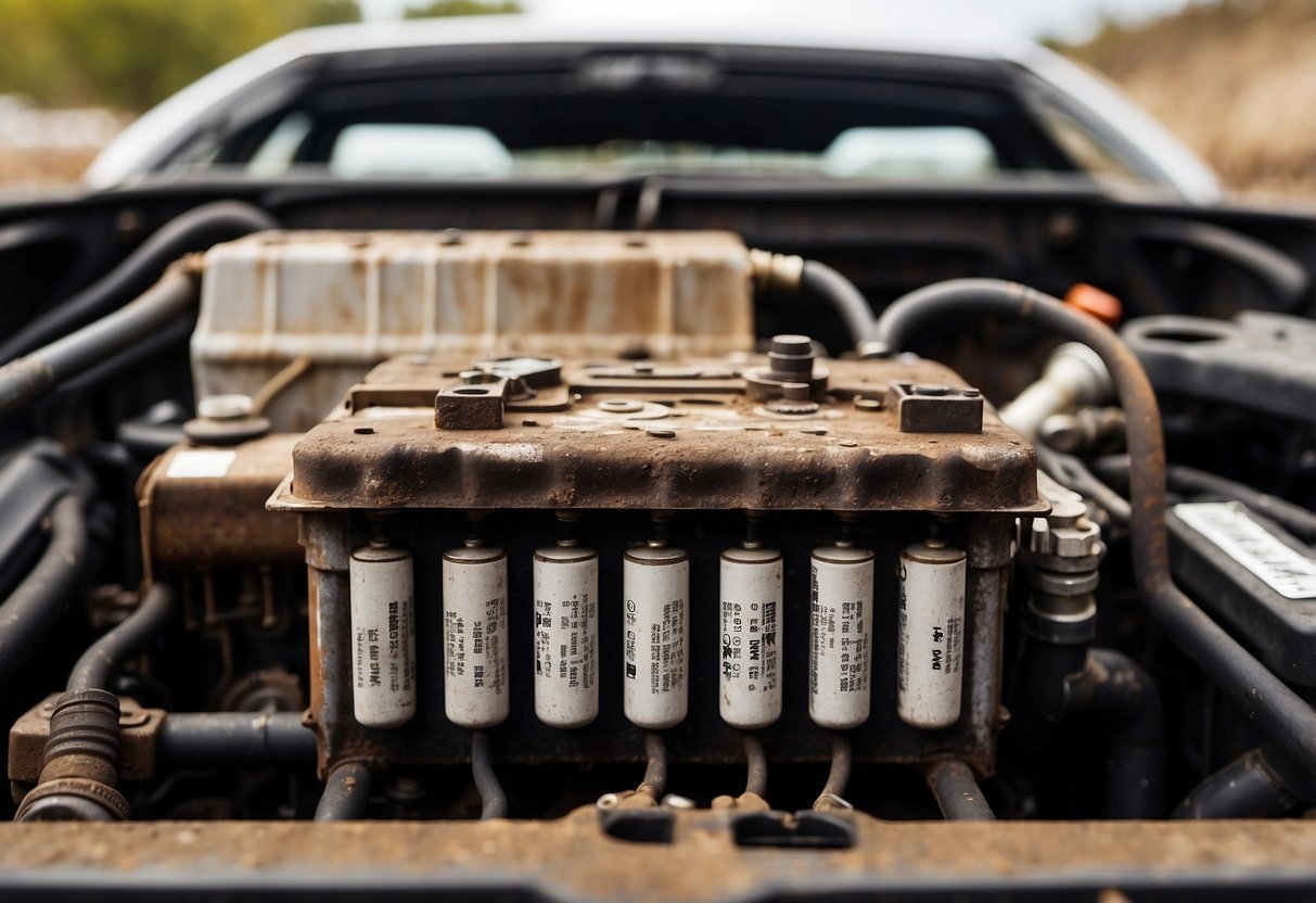 A corroded car battery sits in an engine compartment. White powdery substance covers the terminals. The surrounding area shows signs of rust and decay