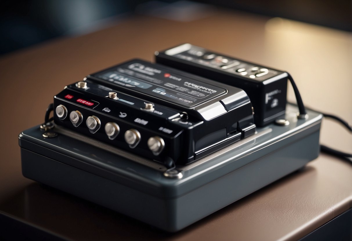 A car battery sits on a scale, showing its weight in pounds