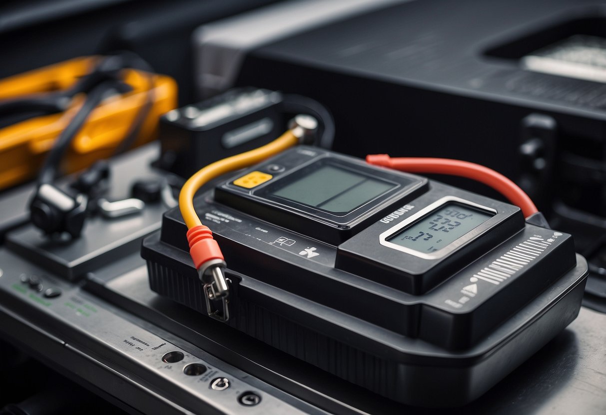 A car battery sits on a scale, showing its weight. Nearby, various tools and technologies used for testing and analyzing the battery's performance