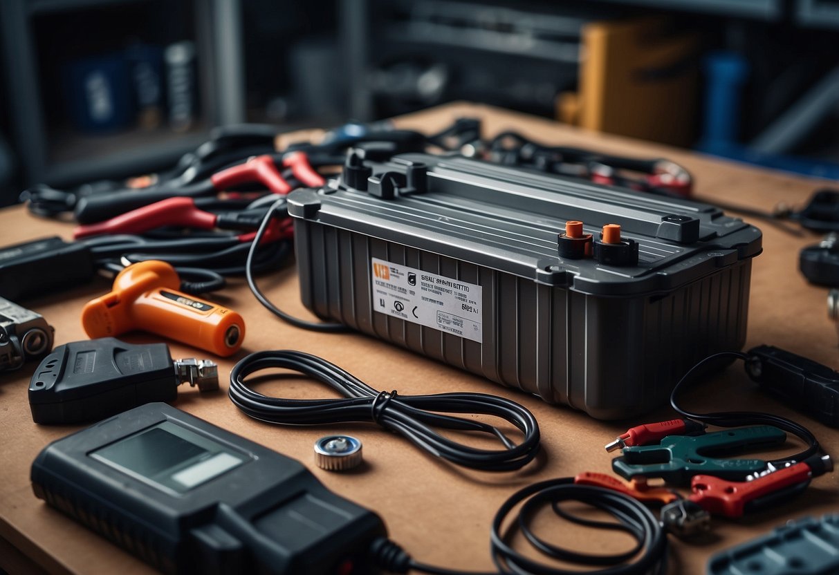 A car battery, weighing around 40 pounds, sits on a garage workbench amid scattered tools and wires