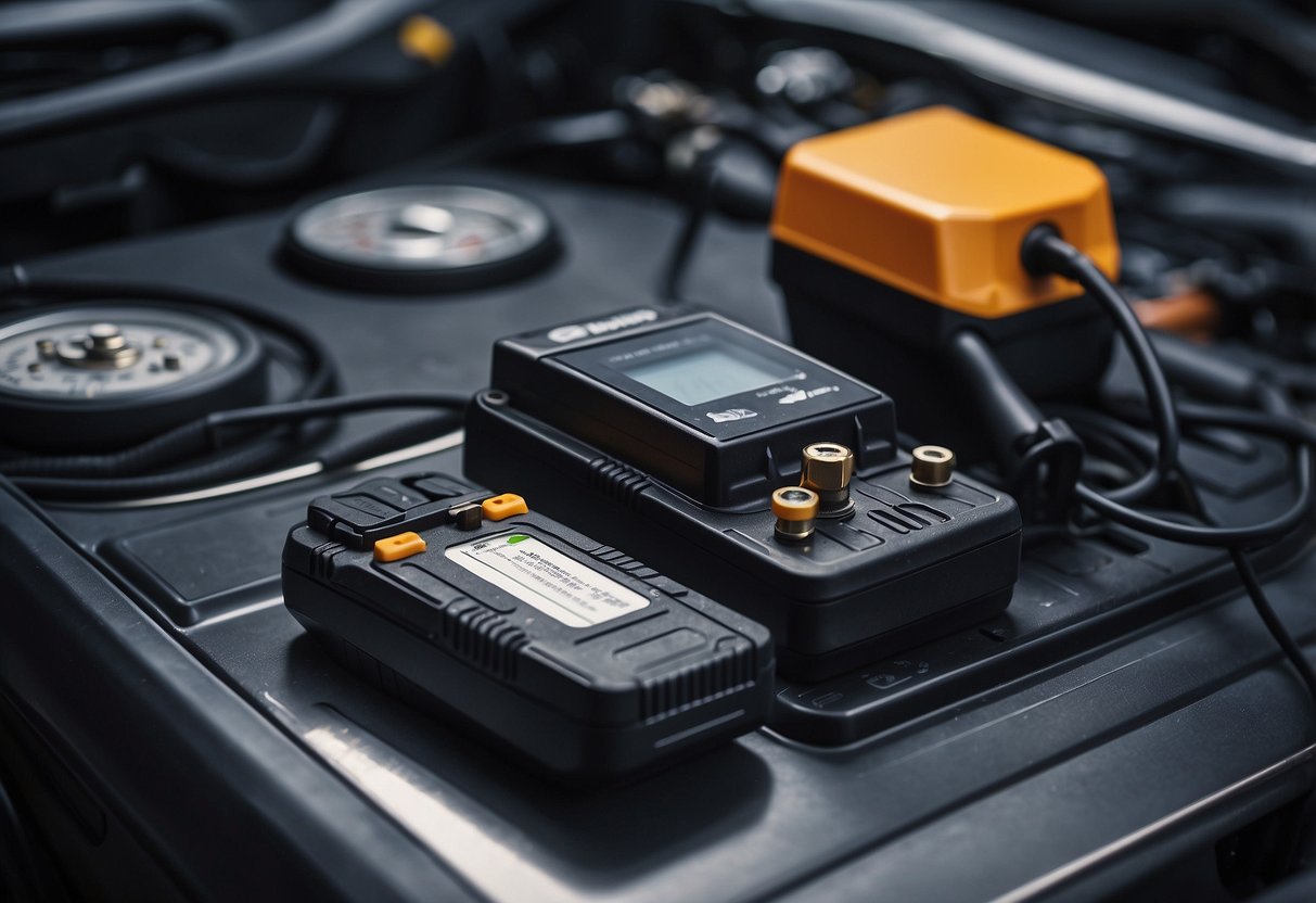 A car battery sits on a scale, showing its weight. A mechanic inspects it with a tool