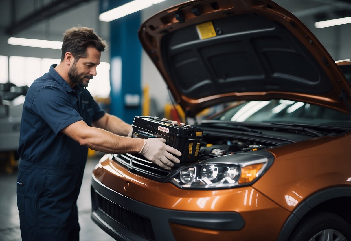 A car battery is being lifted out of a vehicle by a mechanic. The battery is bulky and requires effort to handle. A new battery sits nearby, ready for installation