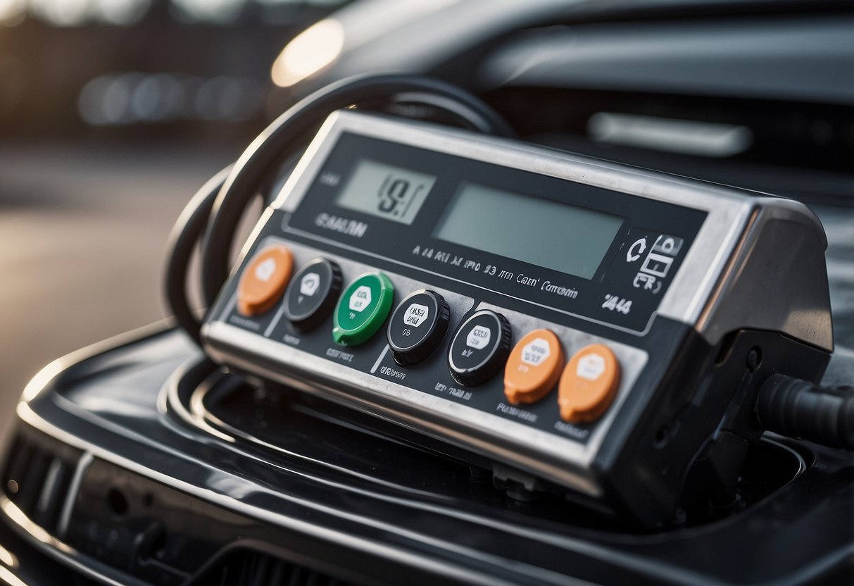 A car battery sits on a scale, showing its weight. Nearby, a recycling symbol and a carbon footprint symbol are displayed