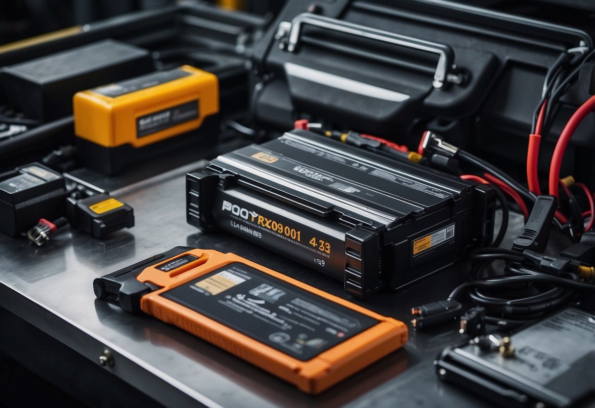 A sleek, modern car battery sits on a workbench, surrounded by advanced tools and equipment. The battery features cutting-edge technology and intricate wiring, showcasing the latest advancements in automotive power