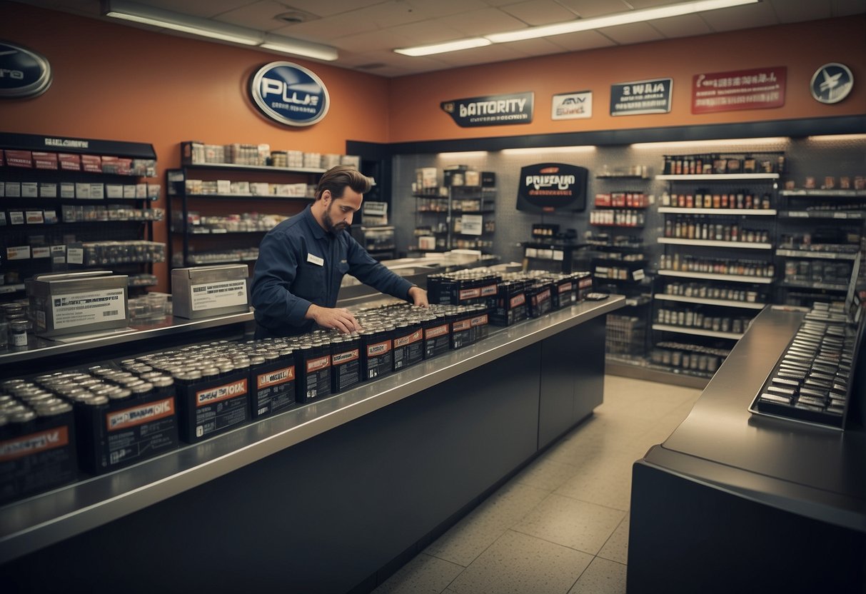 A busy auto parts store with shelves of car batteries and a customer service desk. Signs advertise battery recycling and installation services