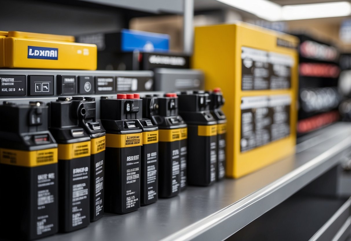 A car battery sitting on a shelf in a well-lit automotive store, with a sign indicating "Where to sell car batteries?" displayed prominently