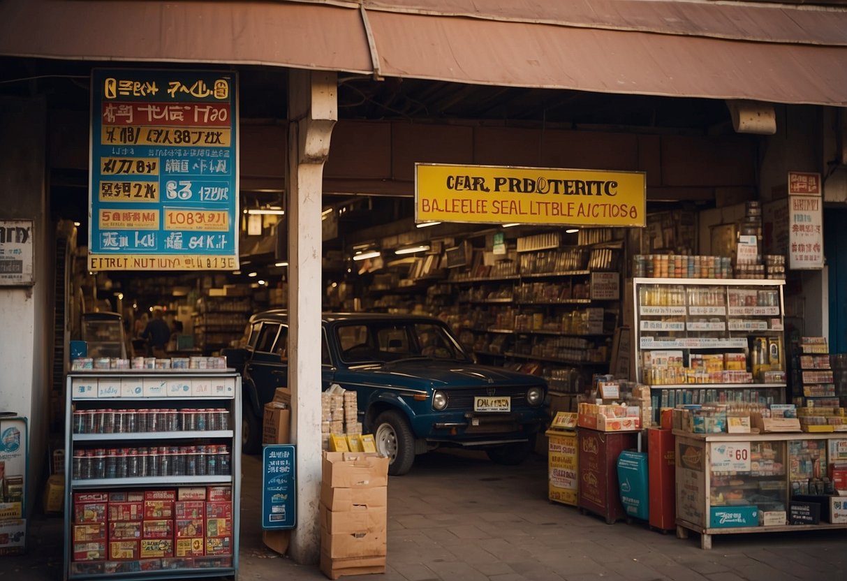 A signboard with "Local Selling Options" and a display of car batteries in a market setting