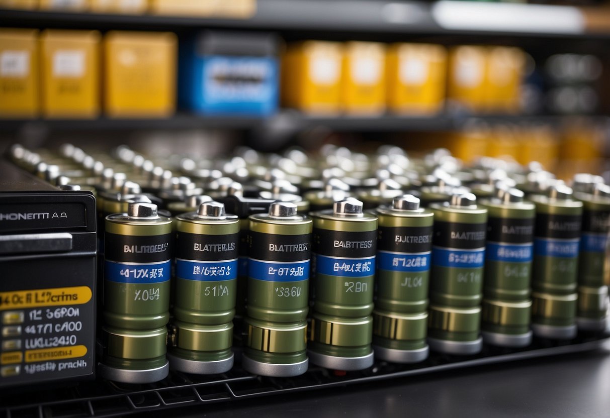 A stack of car batteries arranged on shelves, with a sign indicating "Batteries for Sale." A map of nearby locations to sell displayed on a wall