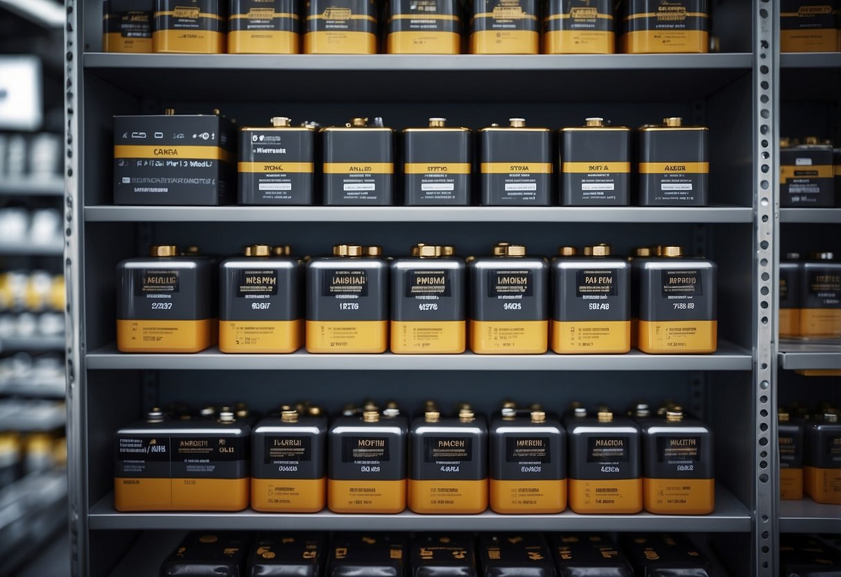 A variety of car batteries lined up on a shelf, each with different sizes, shapes, and labels