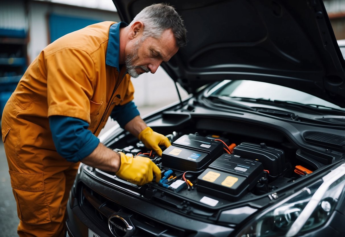 A mechanic installs a car battery with safety gear nearby