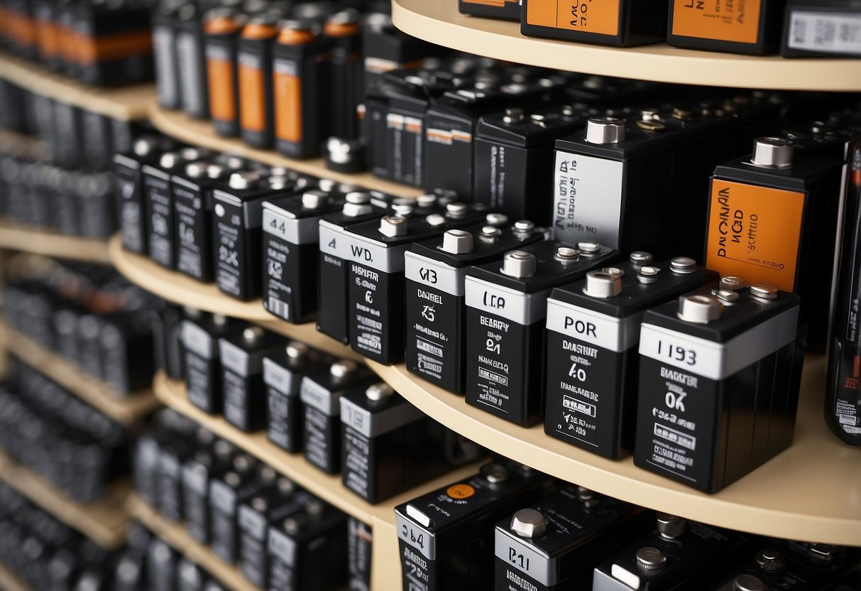 A variety of car batteries are shown, each with different sizes and features. They are arranged neatly on a shelf, with labels indicating their specifications