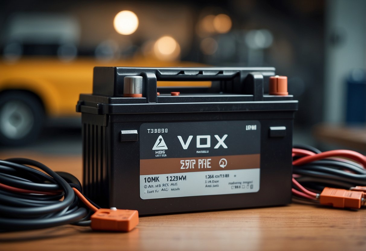 A car battery sits on a workbench, wires attached, with a 12V label clearly visible