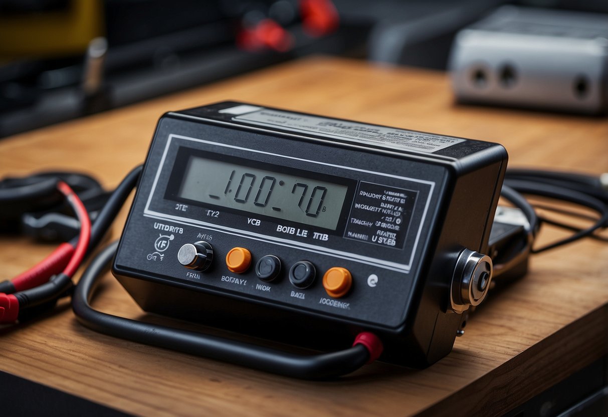 A car battery sits on a workbench, with a voltage meter connected to its terminals. The meter reads "12V," indicating the battery's voltage level