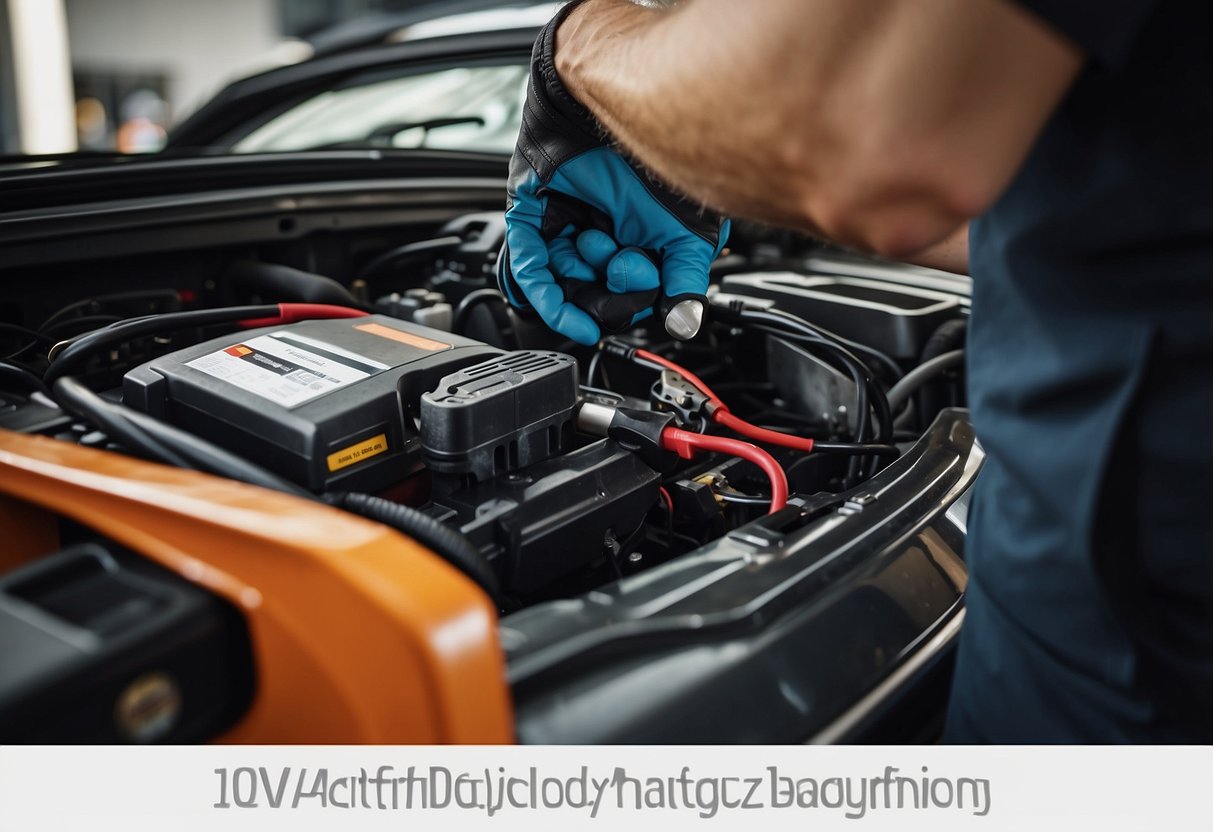 A mechanic connects a charger to a car battery labeled "12V" for maintenance and charging