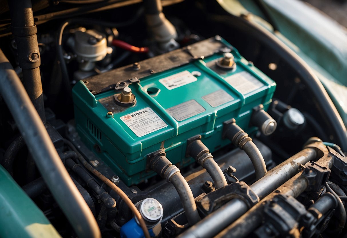 A car battery sits in an engine compartment, surrounded by signs of corrosion, such as white or blue-green buildup on the terminals and nearby metal surfaces