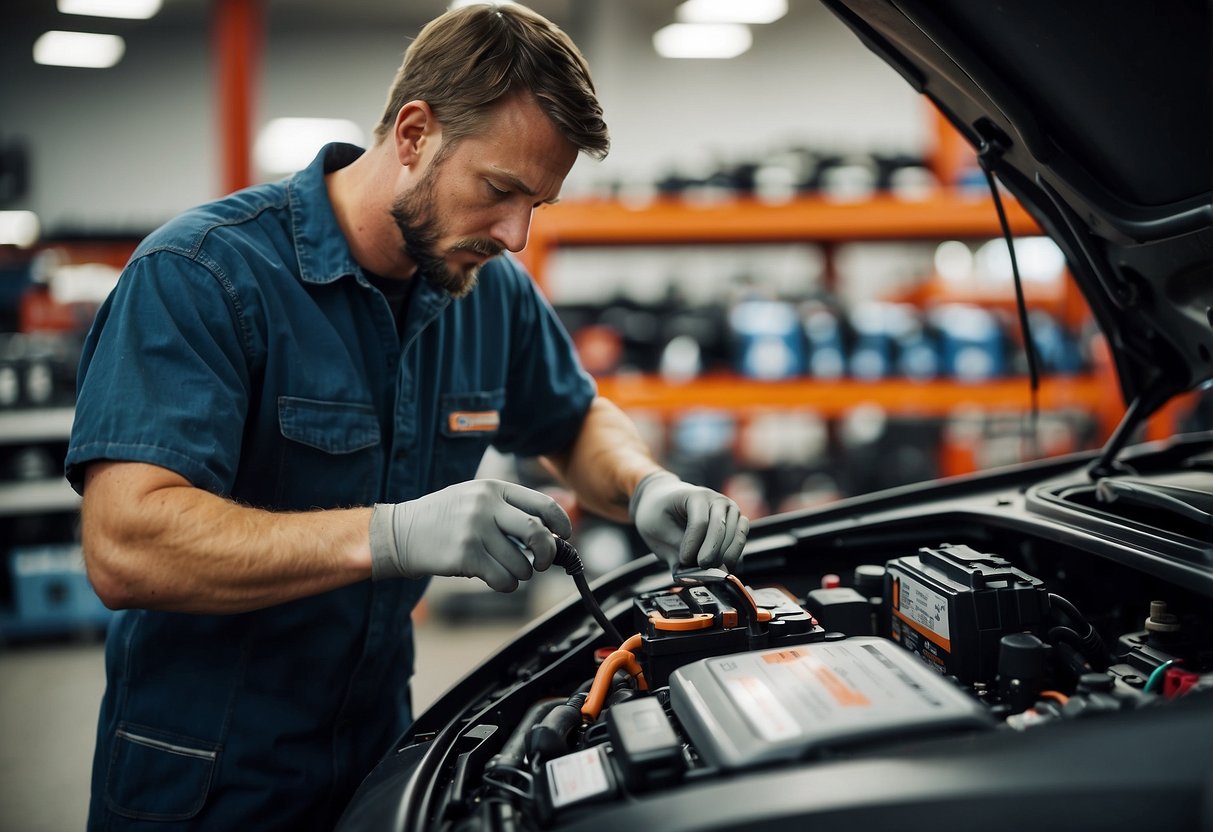 A car battery being installed at an AutoZone store by a technician with tools and equipment nearby