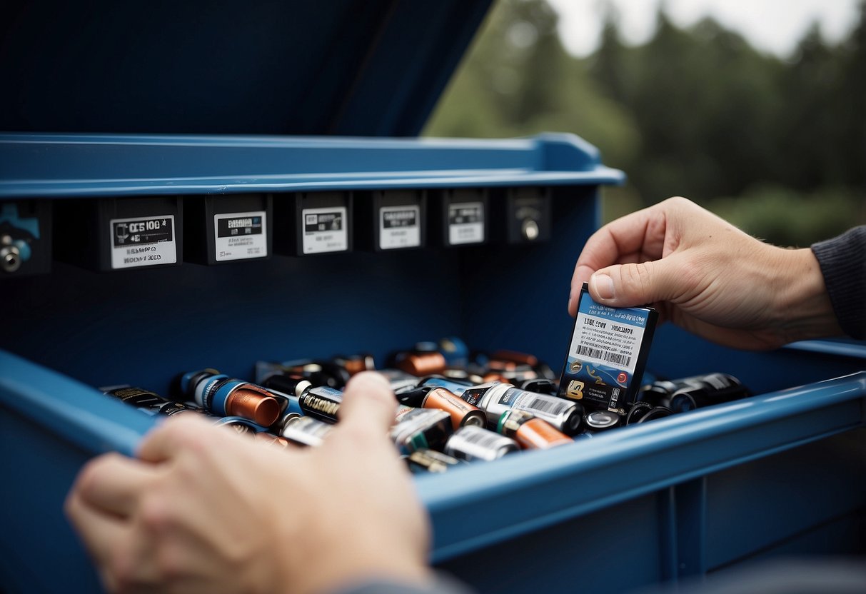 A hand dropping old car batteries into a recycling bin