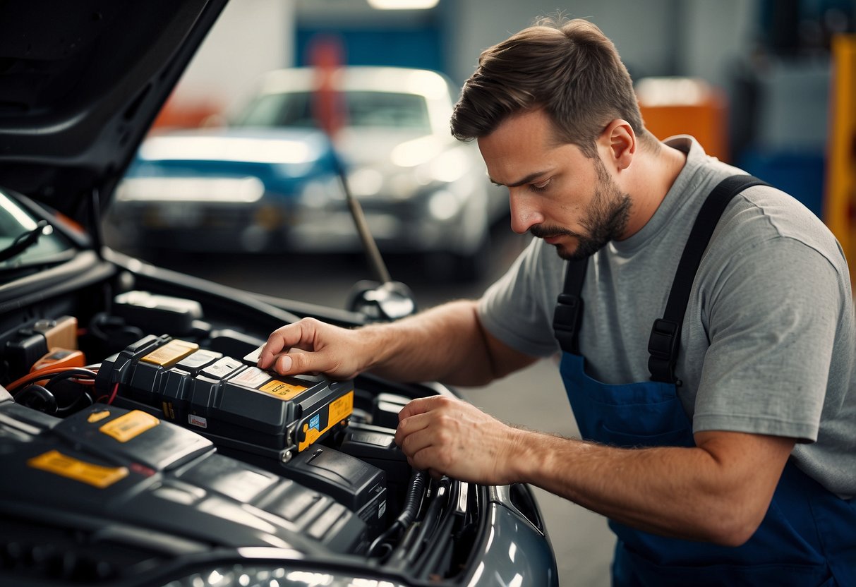 A mechanic examines old car batteries for purchase